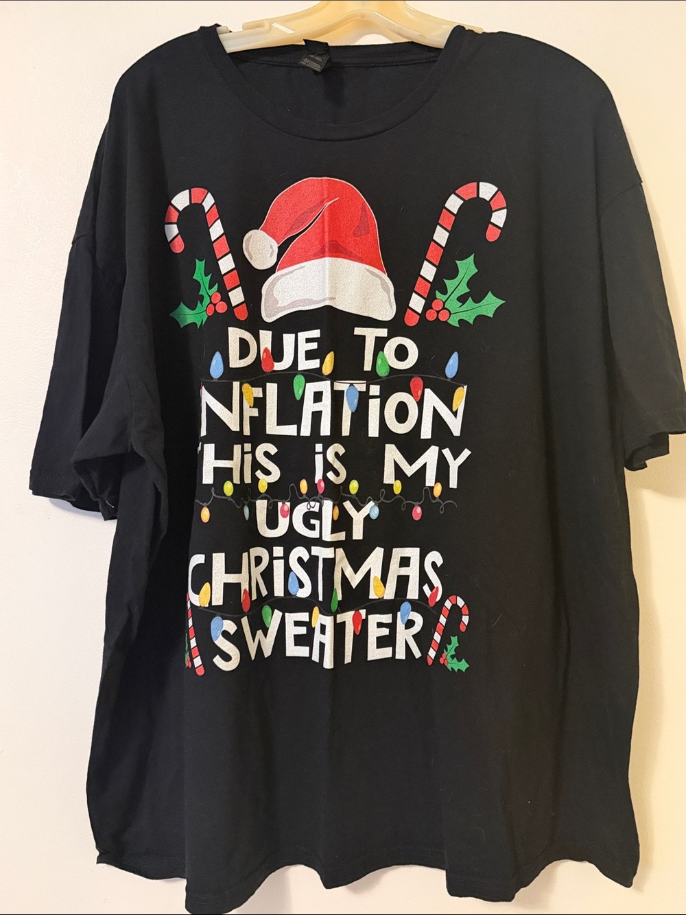 Gildan Black Holiday Tee with Red Santa Hat & Multicolor Lights
